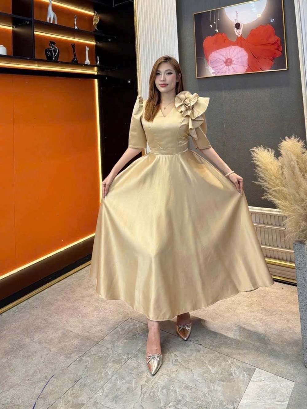 Elegant Filipiniana Gold Fit-and-Flare Midi Dress w/ Floral Shoulder Fits S to L